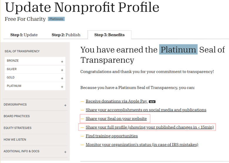 Free For Charity GuideStar onboarding requirements and highlighted fields